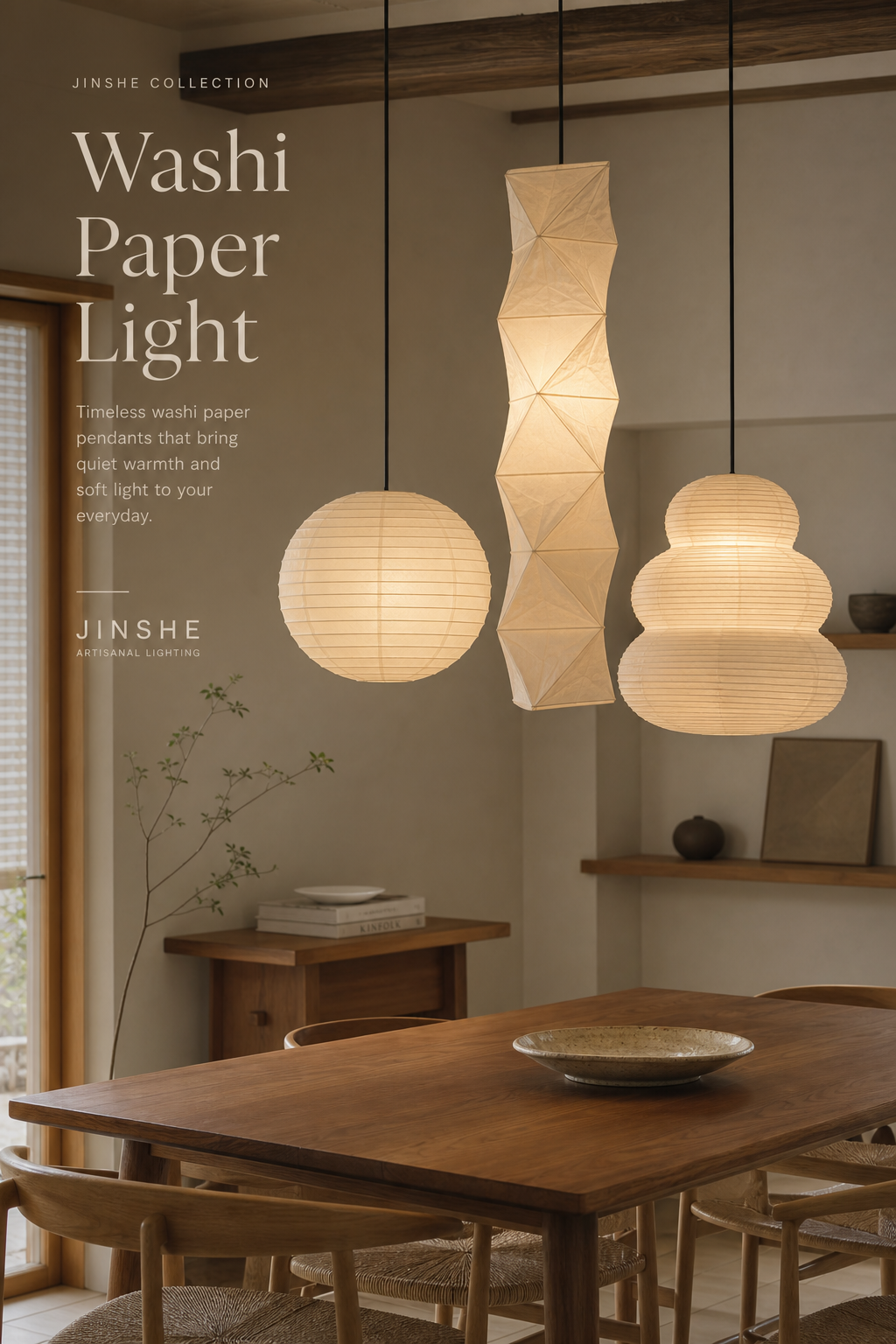 JINSHE xuan paper and washi paper pendant lamps styled in a warm modern dining room