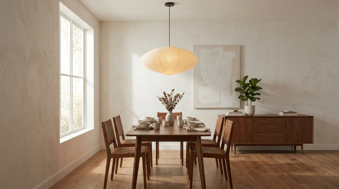 Akari 15A Paper Pendant Light hanging centrally over a minimalist oak dining table in a dining room.