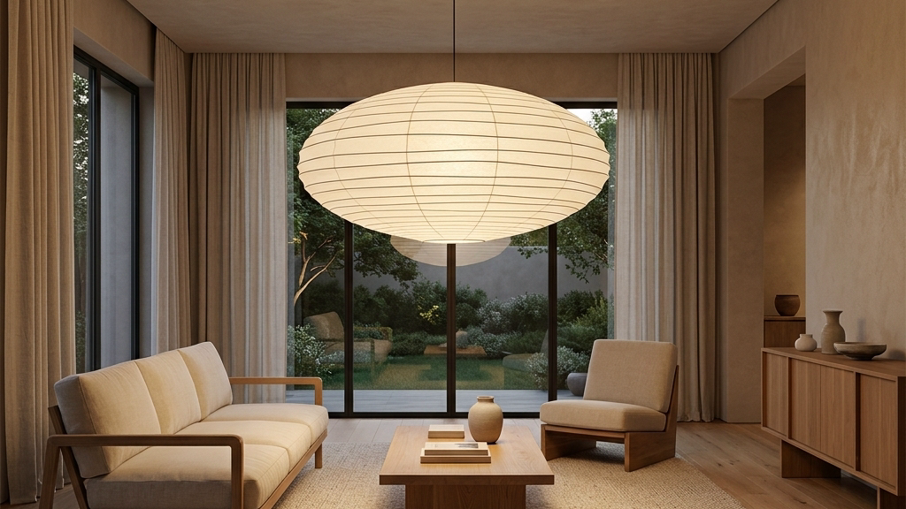 A wide flat saucer-shaped Akari 31N Paper Pendant Lamp illuminating a modern Japandi dining room corner with tatami floor mats.
