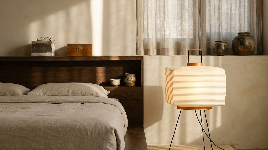 A cozy Japandi master bedroom featuring the tripod Akari 3A Washi Paper Floor Lamp glowing warmly next to a low oak bed frame.
