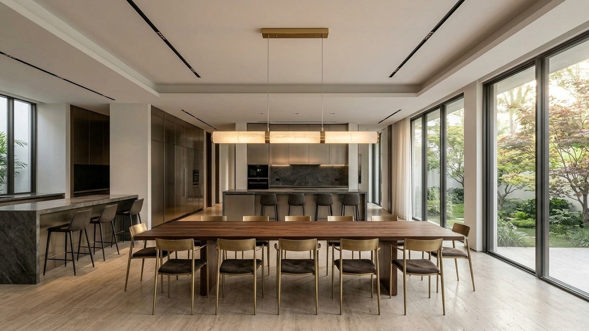 Linear Harmony: How to Style the Alan Linear Alabaster Pendant Light Over Kitchen Islands and Dining Tables | JINSHE Guide