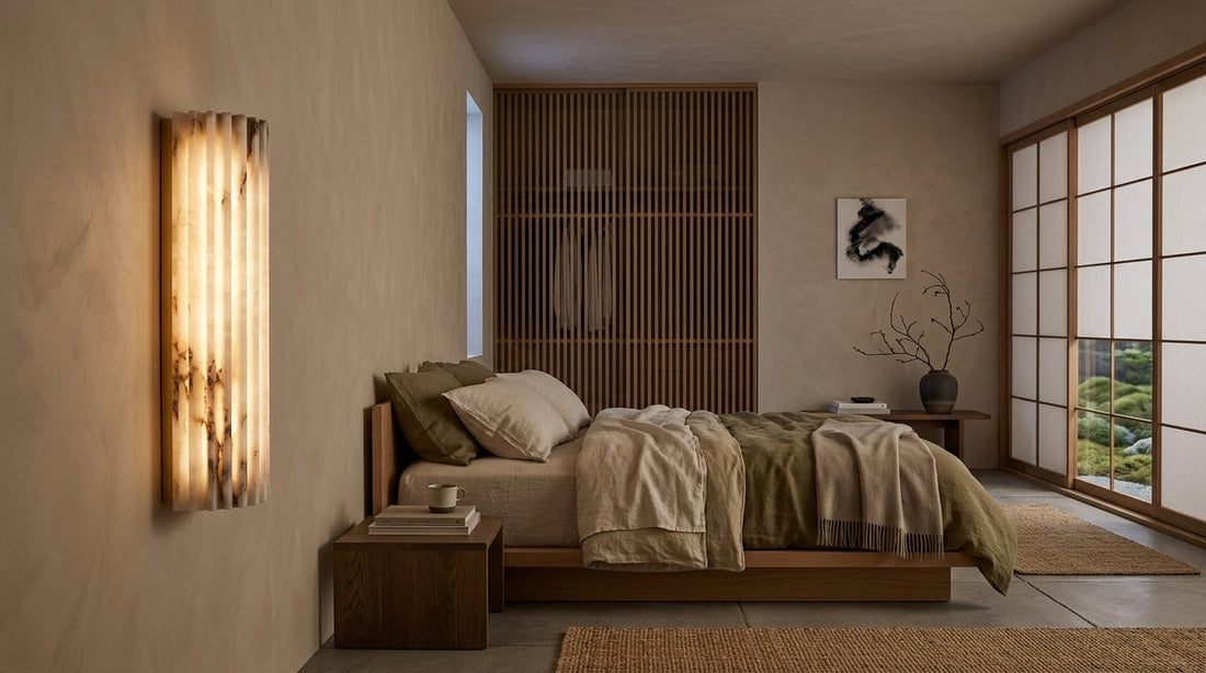 Alvia Ribbed Alabaster Wall Lamp mounted beside a platform bed in a warm minimalist Japandi bedroom scene.