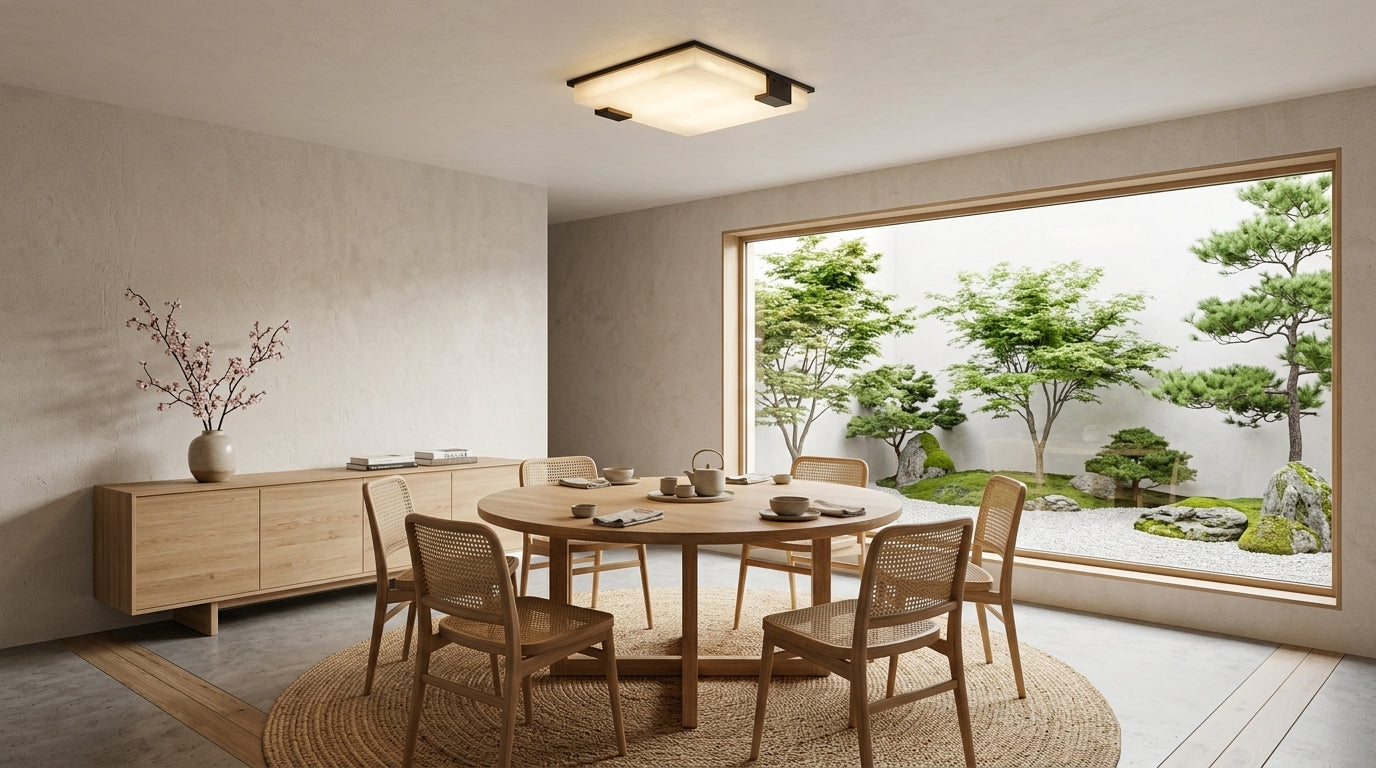 Anter Square Alabaster Ceiling Light installed on plaster ceiling in a bright Japandi dining room scene.
