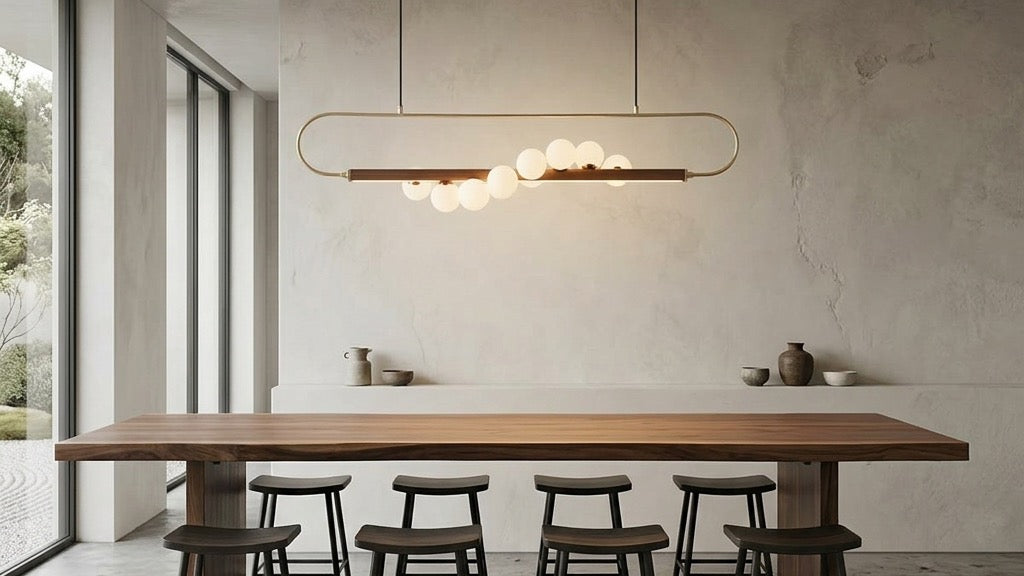JINSHE Astra Linear Brass & Glass Chandelier hanging over a modern wabi-sabi dining table