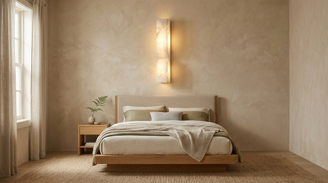 Arc Fold Alabaster Wall Lamp Japandi Bedroom 16:9 Full Widescreen Scene