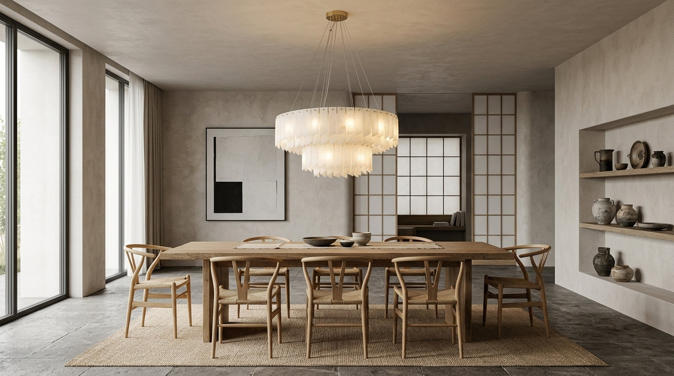 Alabaster Cascade Tiered Chandelier illuminated over a solid oak dining table in a serene Japandi dining room.
