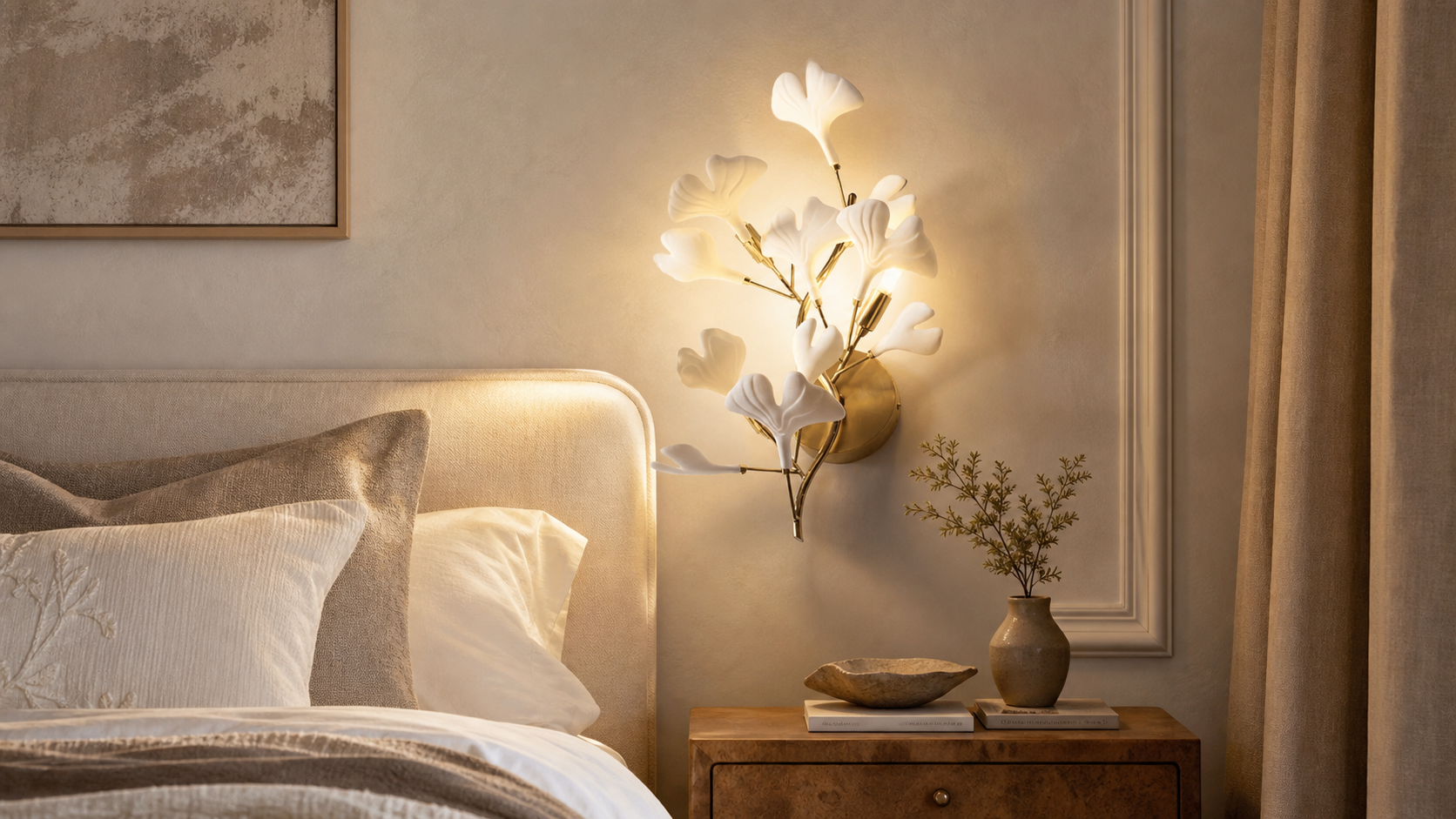 Brass ginkgo wall lamp styled in a warm modern bedroom by JINSHE
