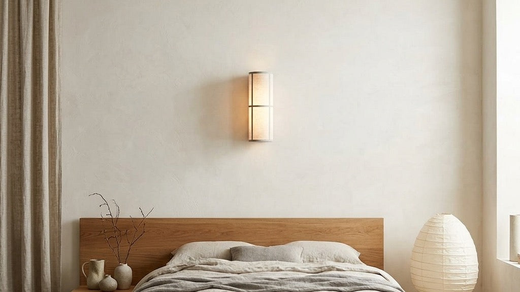 JINSHE Cylindrical Linen Wall Lamp zoomed out view showing the full lamp symmetrically on a wabi-sabi bedroom wall