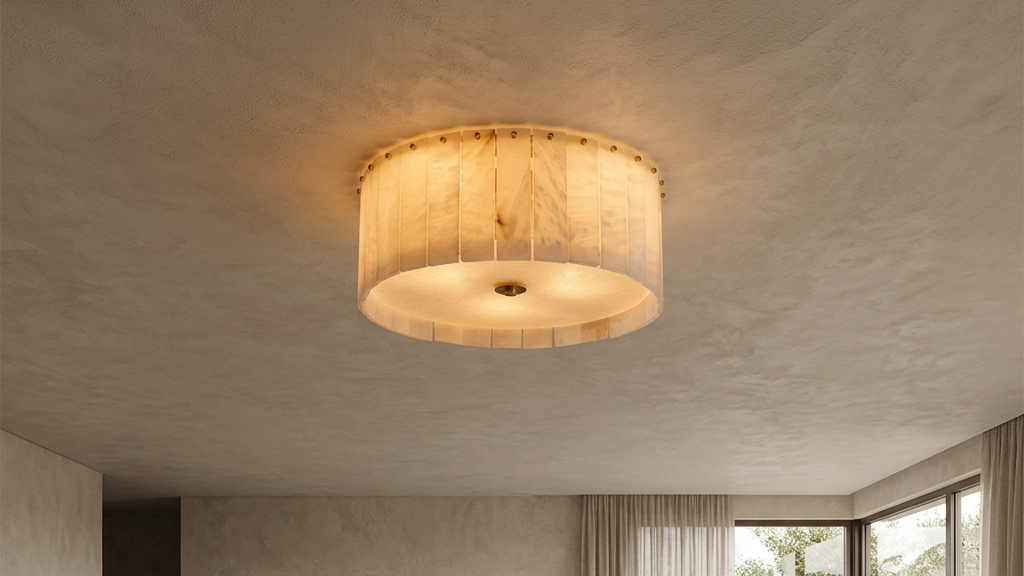 Elysian Alabaster Ceiling Lamp flush-mounted on a plaster ceiling in a wabi-sabi living room with travertine coffee table.