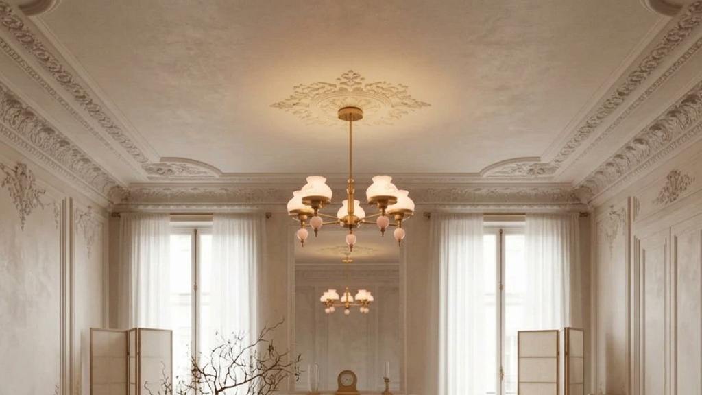The classic Retro Furongna chandelier with its translucent frosted glass flower petals glowing warmly over a minimalist living room.