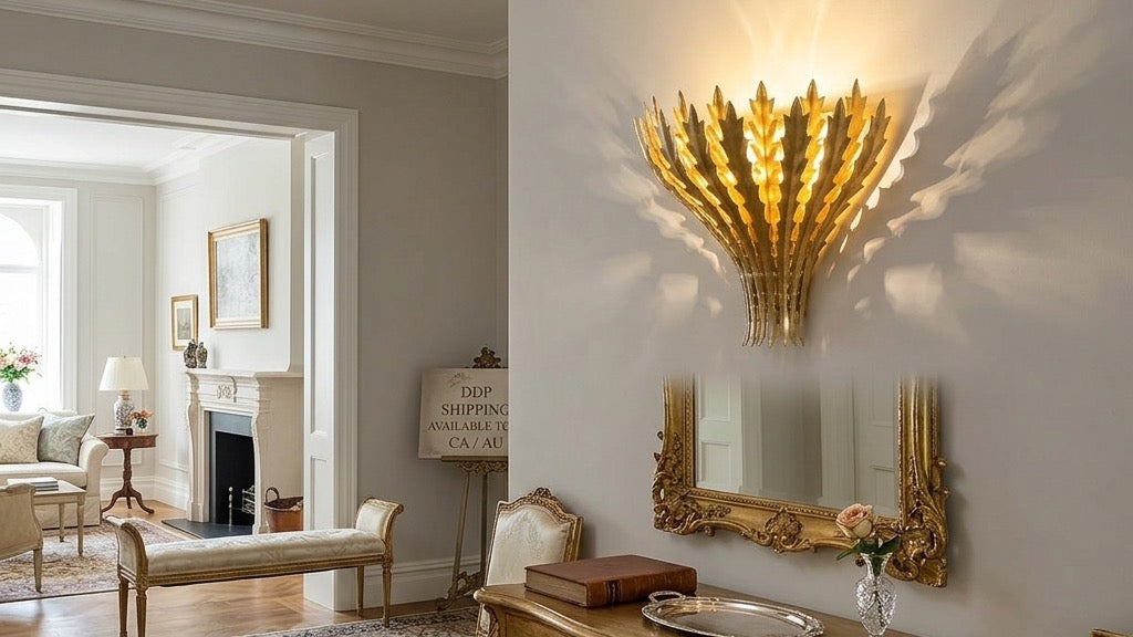 JINSHE Hampton Gold Leaf Wall Sconce casting beautiful fan-shaped light and shadow on a warm gray wall in a classical entryway