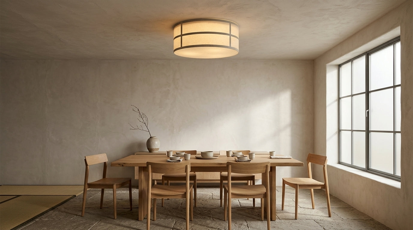JINSHE Hashira Fabric Ceiling Light flush mounted on a plaster ceiling over an oak dining table, diffusing soft warm light