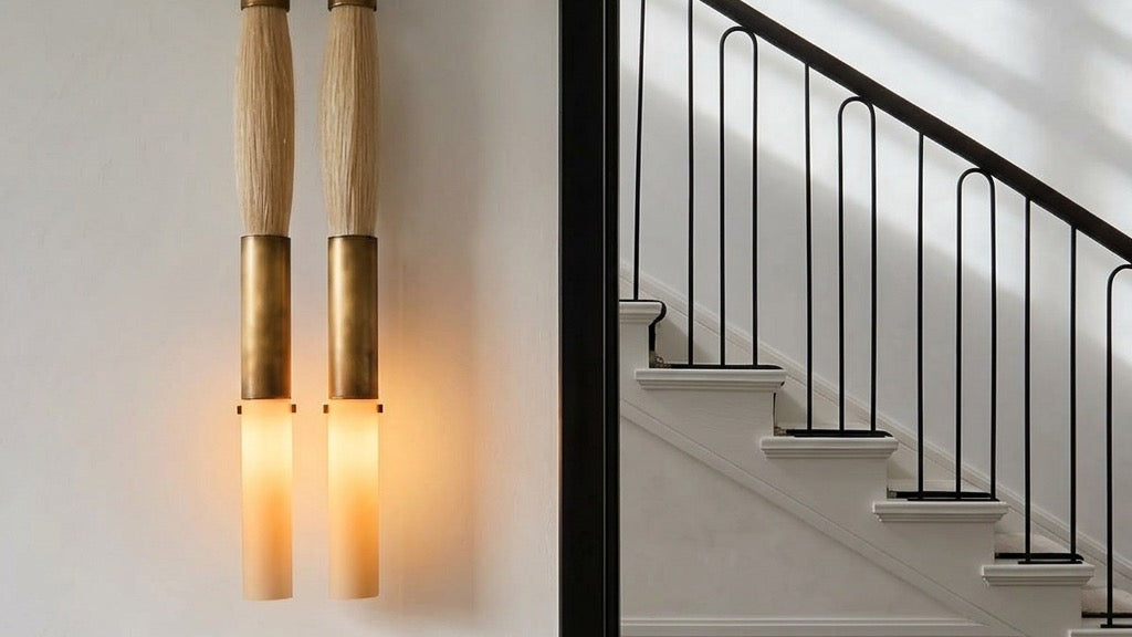 JINSHE Horsehair Wall Sconce mounted on a warm plaster wall near a minimal staircase, diffusing a gentle warm glow
