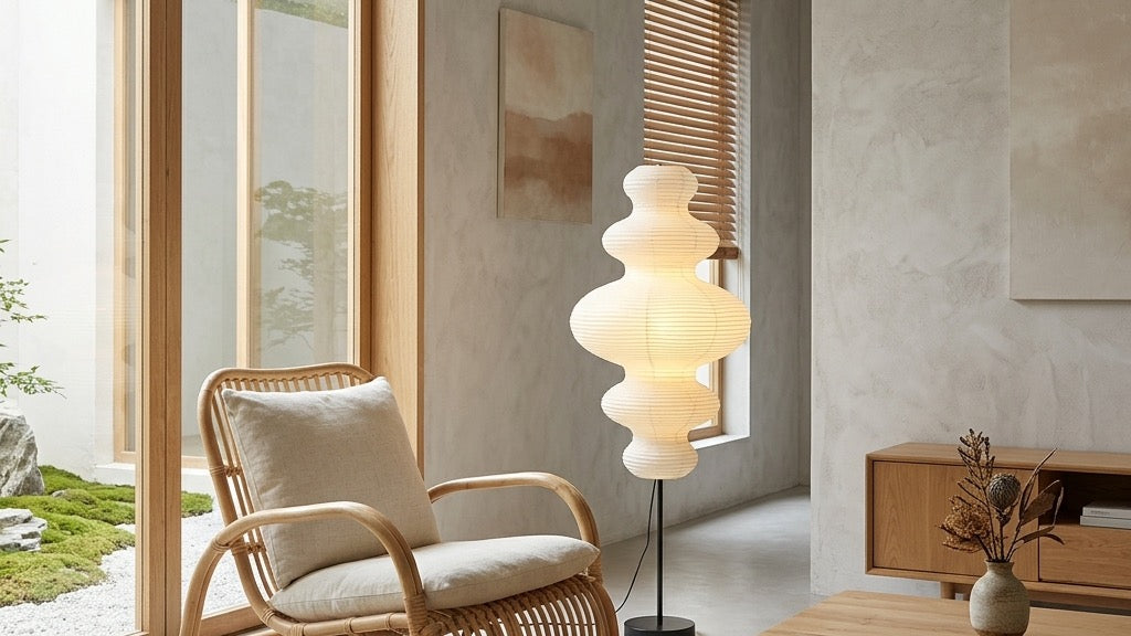 The Juni Washi Paper Floor Lamp standing elegantly next to a rattan lounge chair in a high-end Japandi living room, casting a soft 3000K warm wash.