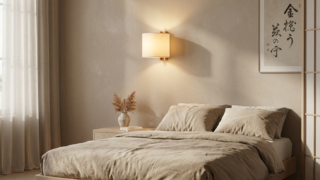 JINSHE Japanese Linen Wall Lamp glowing warmly beside a wooden bed frame in a peaceful Japandi bedroom