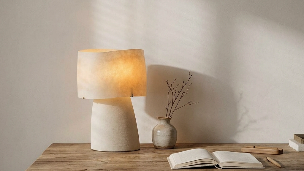 A peaceful Japandi study room featuring the Luma Artisanal Resin Table Lamp glowing with warm amber light on a rustic oak desk next to a book.