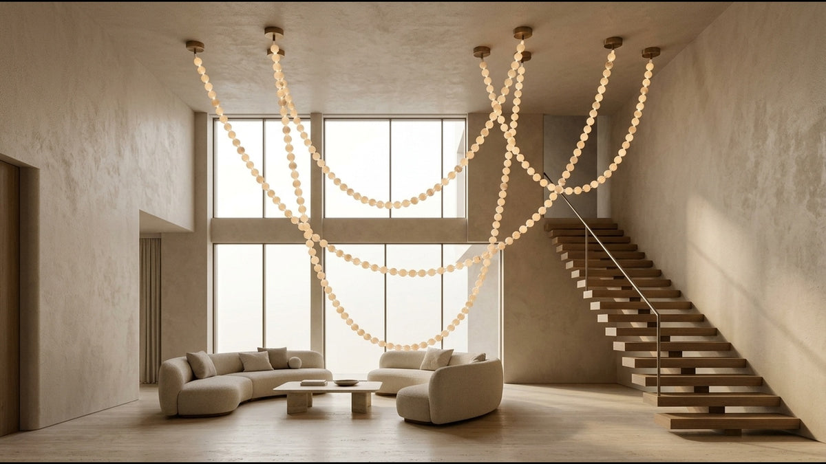 Draping Light: How the Alabaster Pearl Necklace Chandelier Transforms High-Ceiling Living Spaces | JINSHE Guide