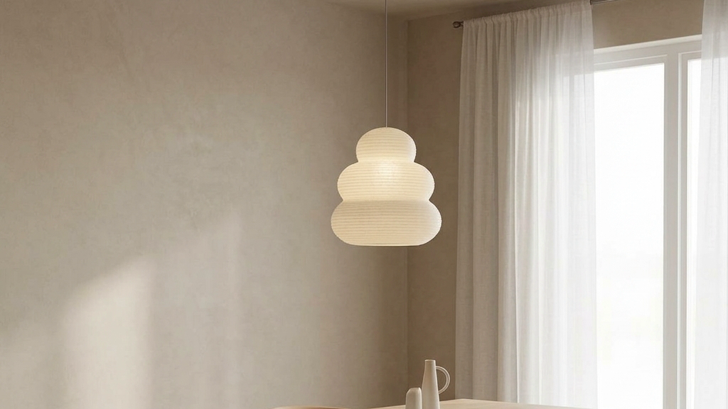 A large cloud-like Puff Bubble paper lantern pendant light floating over a long solid wood dining table in a minimalist Japandi room.