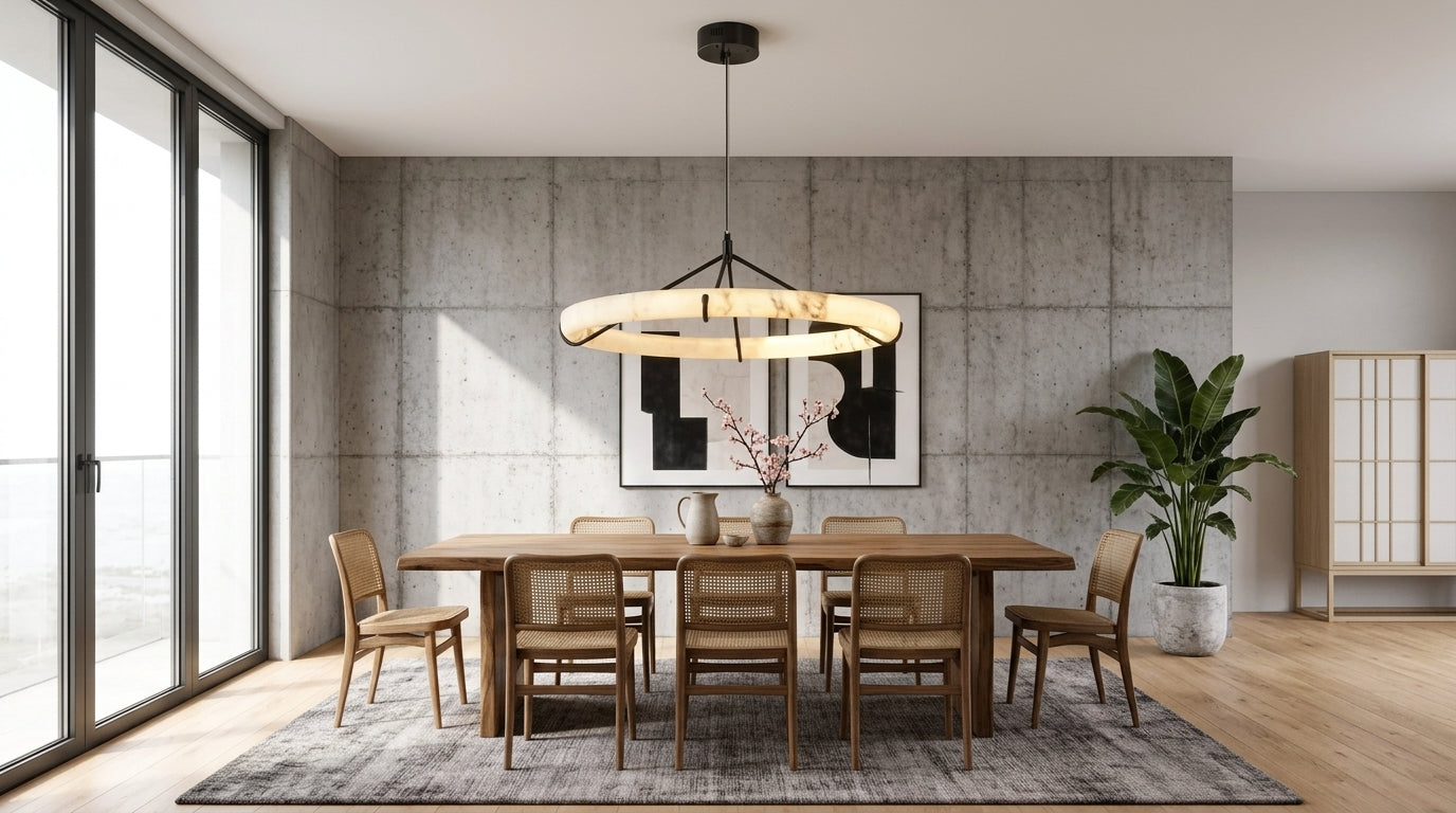 Alabaster Ring Pendant Light illuminated over a luxury minimalist dining room setting.
