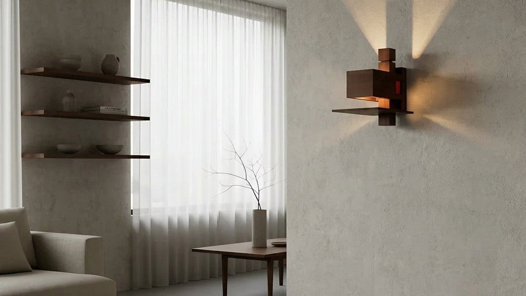 JINSHE Taliesin Walnut Wall Sconce casting beautiful cross-shaped geometric shadows on a warm plaster wall in a wabi-sabi room