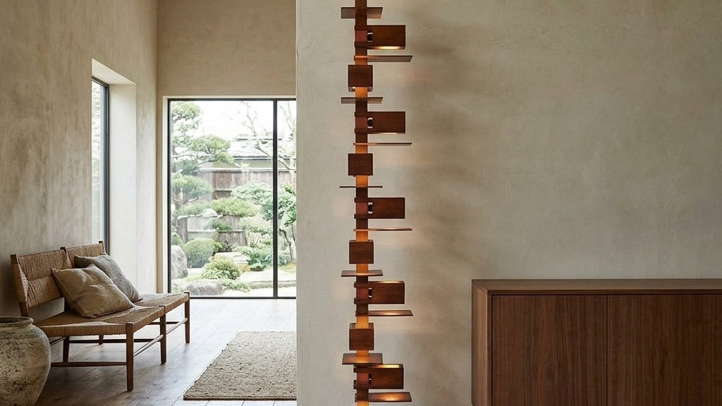 JINSHE Taliesin Walnut Floor Lamp standing as a complete sculpture beside a low sideboard in a wide shot