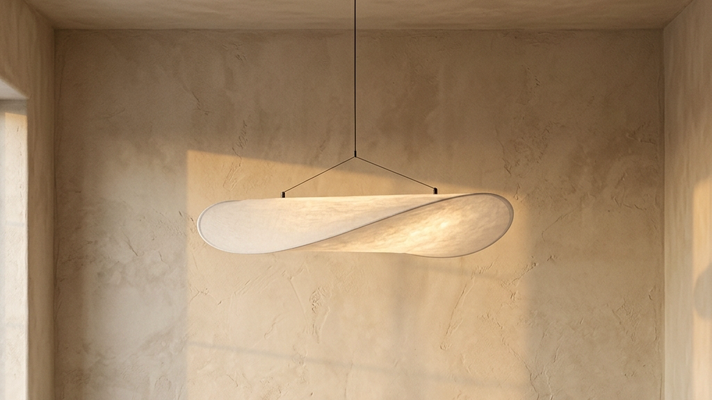 A modern organic living room styled with the Tense Silk Pendant Light floating gracefully above a rustic wooden coffee table.
