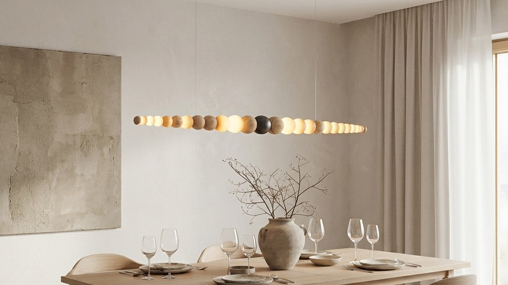 The Woodline Chandelier suspended over a modern wood dining table set with elegant white plates, emitting a cozy CRI 90+ warm light.