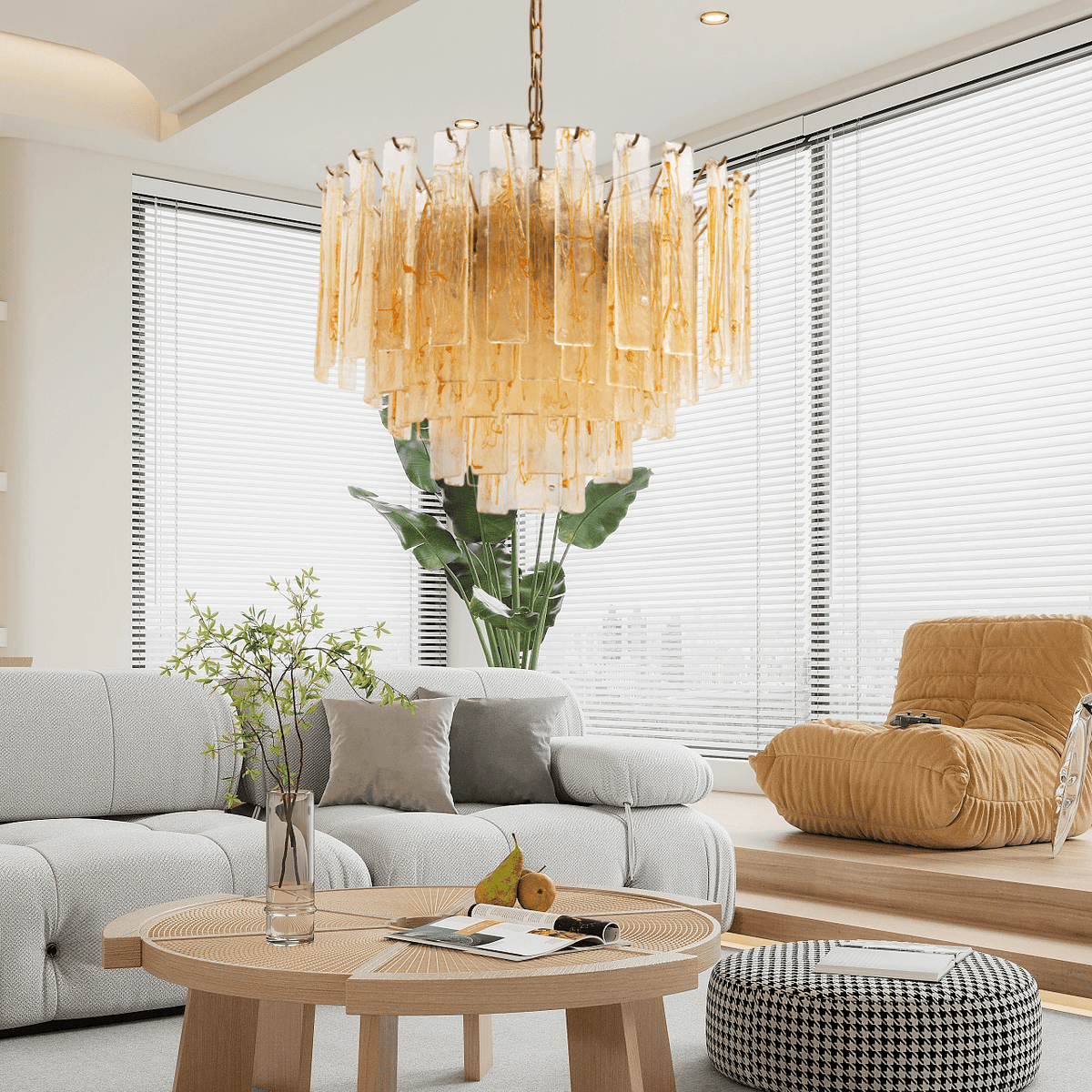 Petala Amber Art Glass Chandelier installed in residential dining space