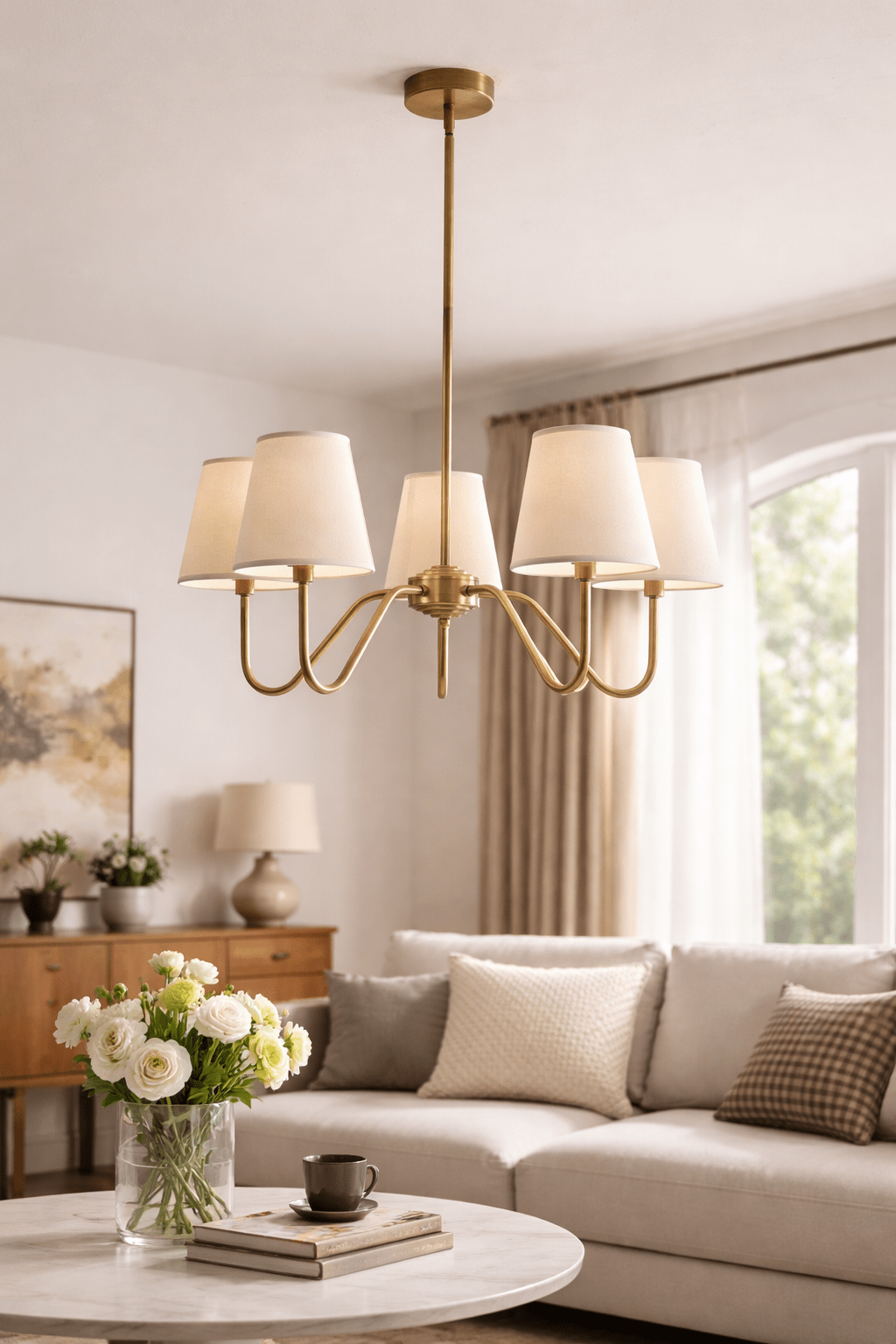 Opaluxe Brass Curated Solid Brass Chandelier warm illuminated room view