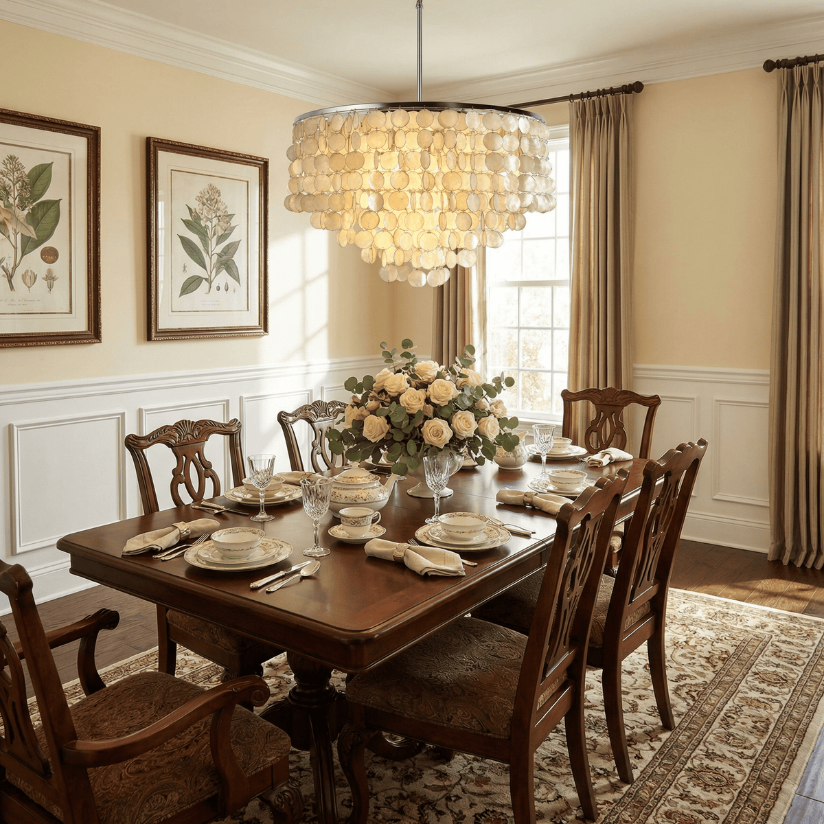 Oceana Shell Curated Brushed Nickel Iron Chandel – illuminated warm ambiance setting