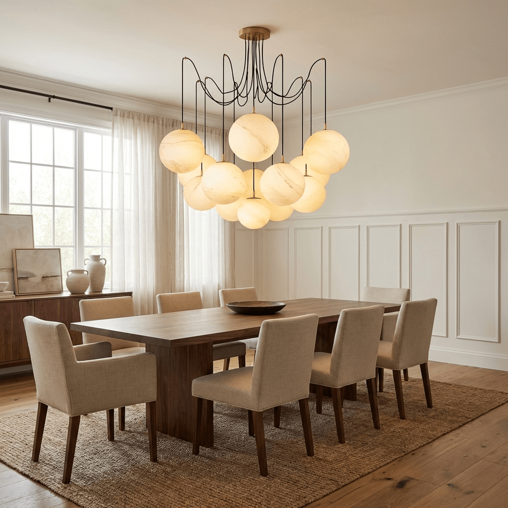 Celestara Alabaster Orb Curated Alabaster Chande installed in residential dining space