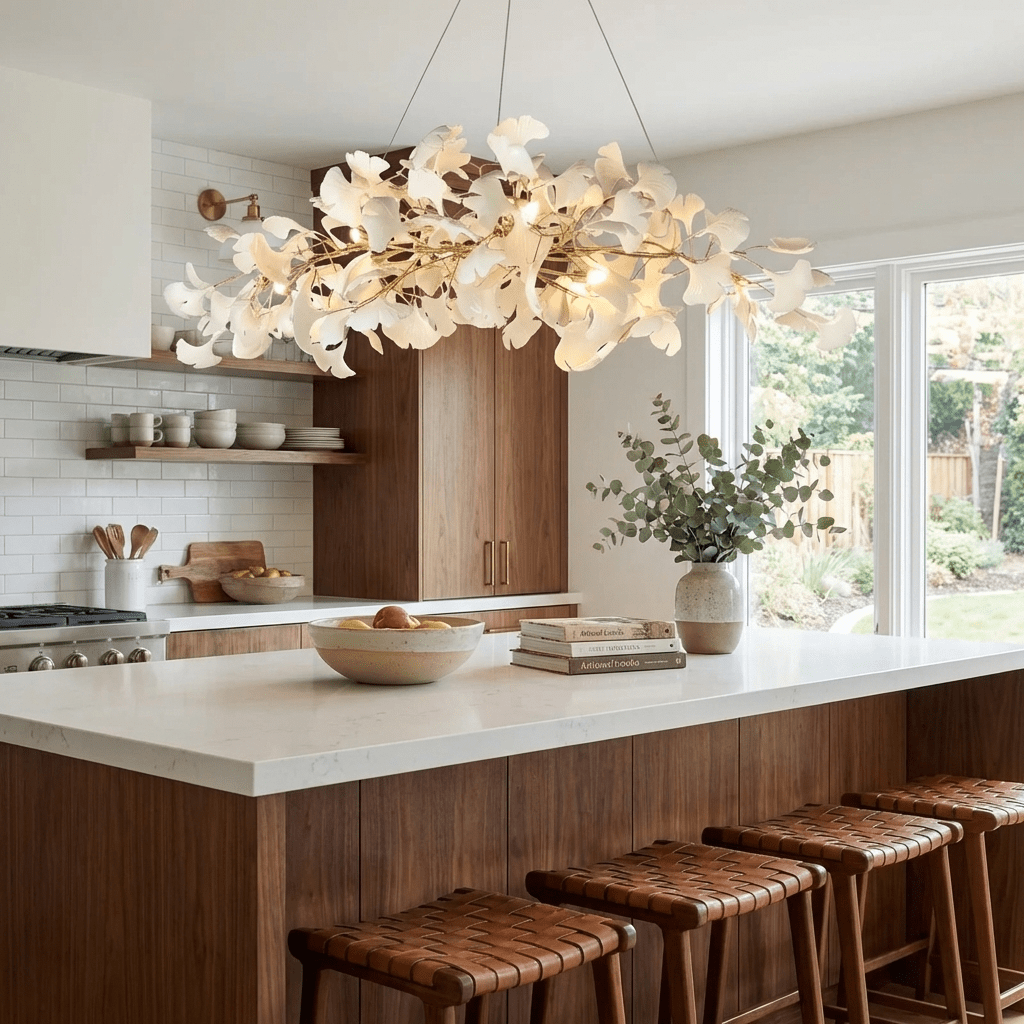Gingko Curated Hand-Thrown Ceramic Chandelier – illuminated warm ambiance setting