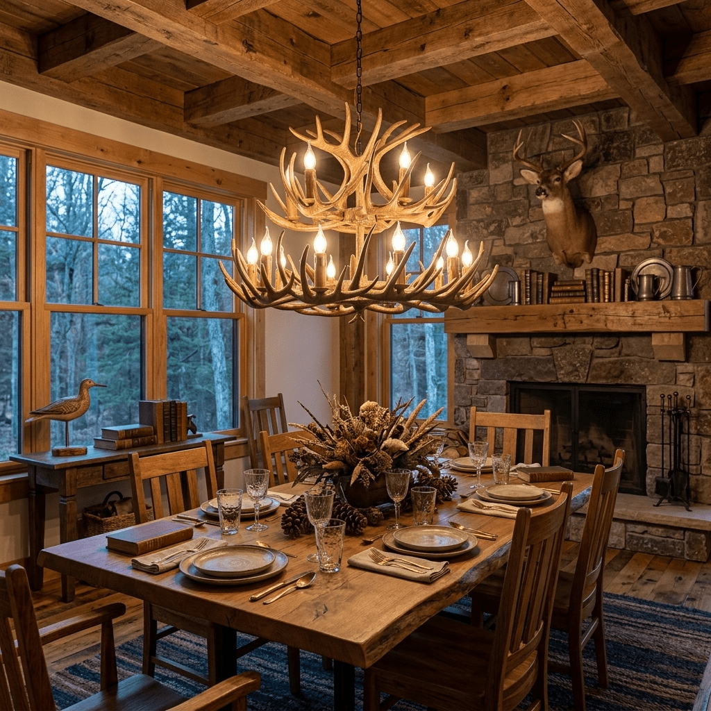 Rustic Antler Lodge Curated Iron & Glass Chandel – illuminated warm ambiance setting