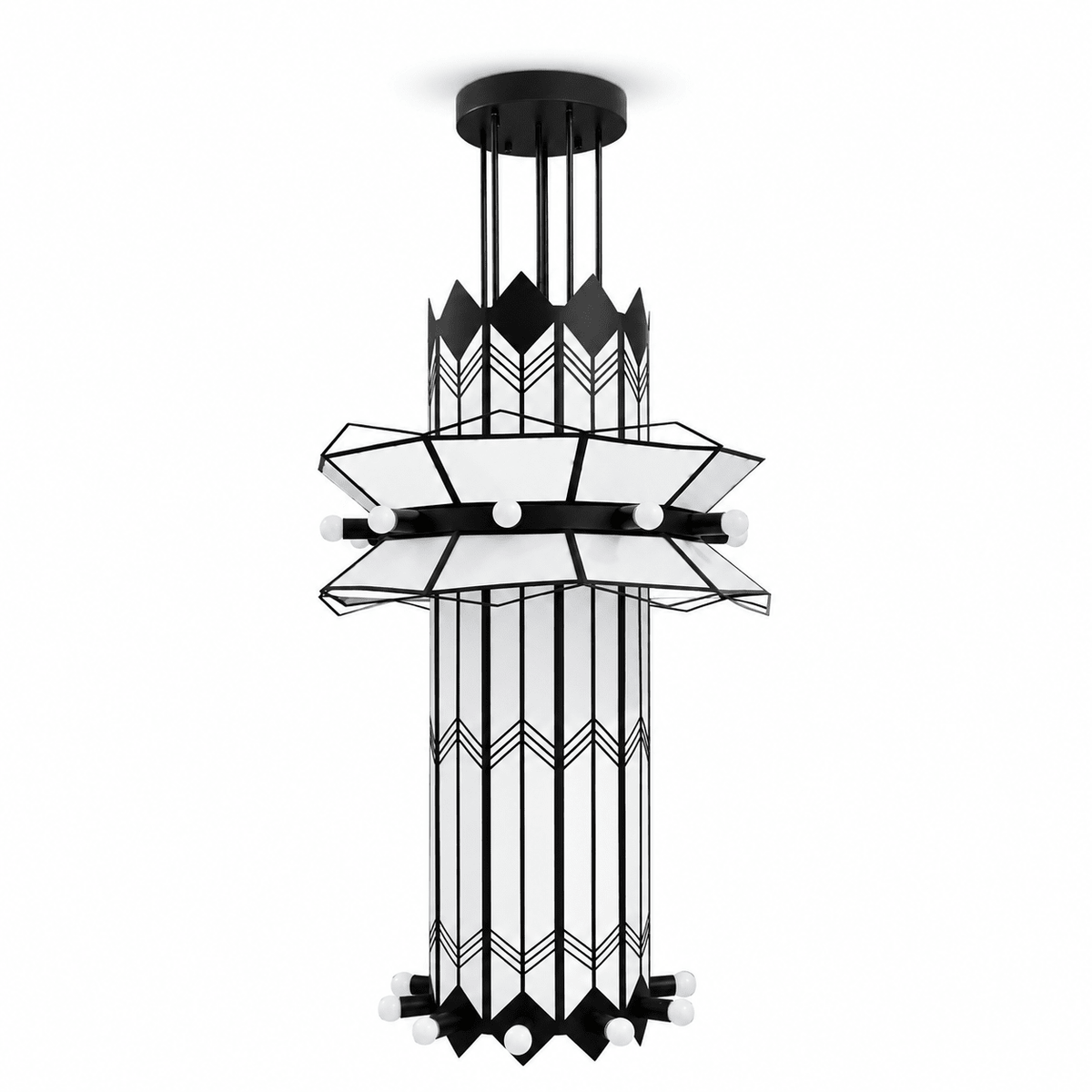 Rayonne Art Deco Curated Iron & Glass Chandelier – architectural ceiling profile