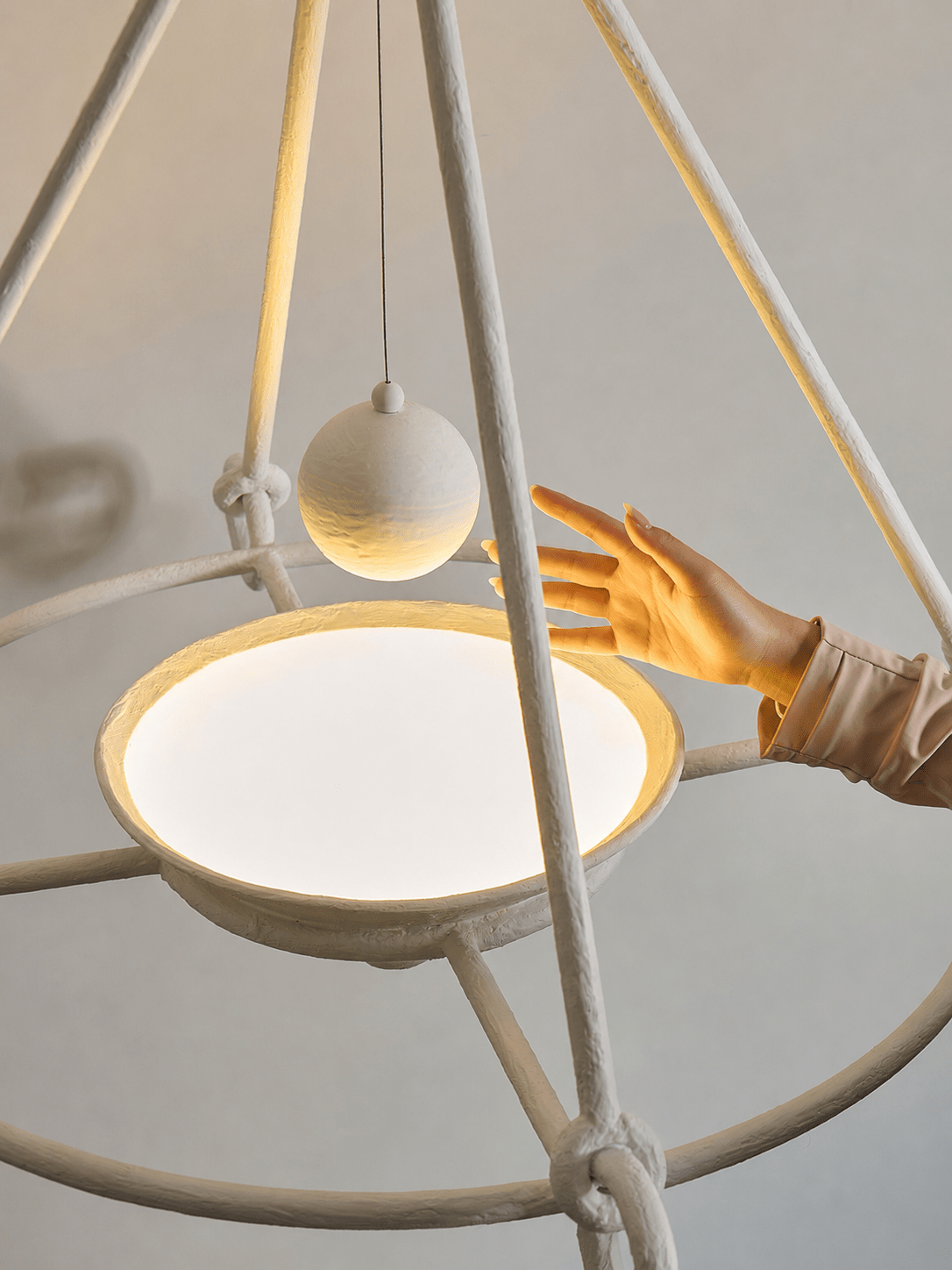 Sculptural Plaster Curated Iron & Glass Chandeli – spatial dining room perspective
