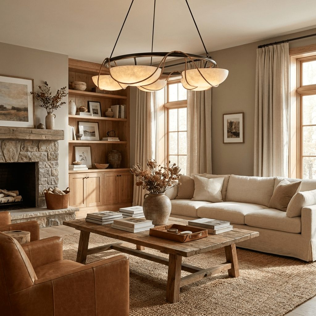 Alabaster Ring Minimalist Chandelier installed in residential dining space