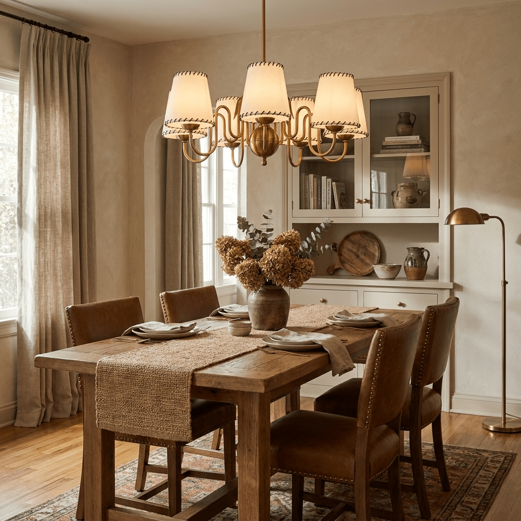 Scalloped Shade Curated Solid Brass Chandelier installed in residential dining space