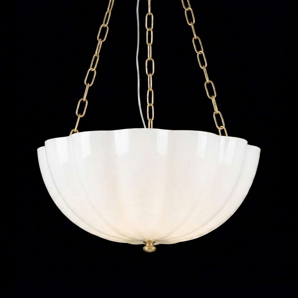 Rosehill Curated Mouth-Blown Frosted Glass Chand – illuminated warm ambiance setting #1