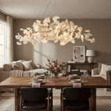 Gingko Curated Hand-Thrown Ceramic Chandelier warm illuminated room view
