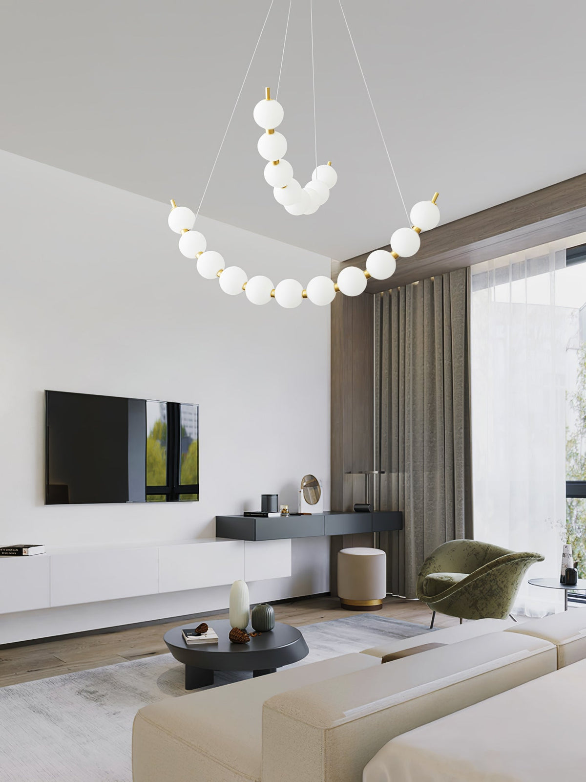 Acrylic Pearls Curated Solid Brass Chandelier – spatial dining room perspective