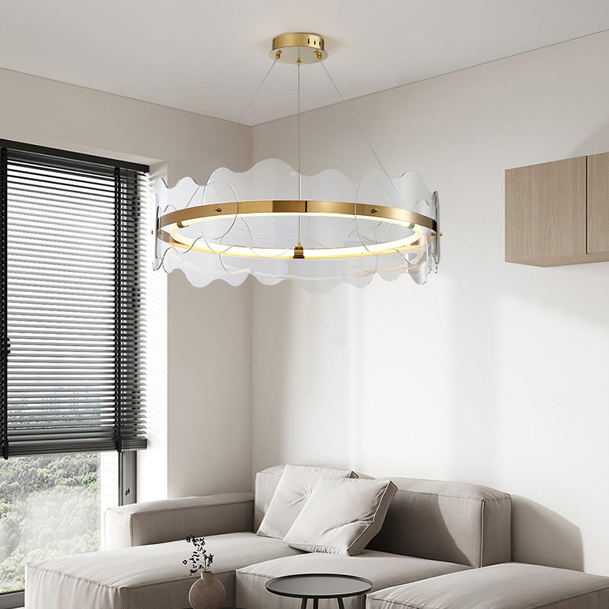 Acrylic Wave Curated Optical Acrylic Chandelier installed in residential dining space