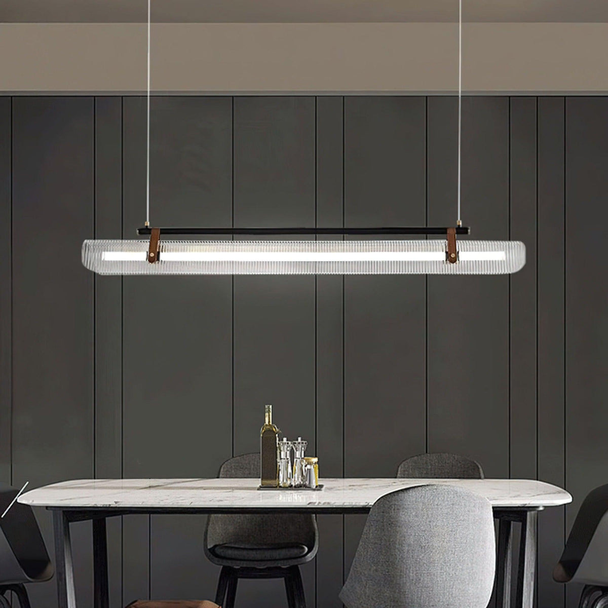 Acrylic Linear Curated Amber Art Glass Chandelie – spatial dining room perspective
