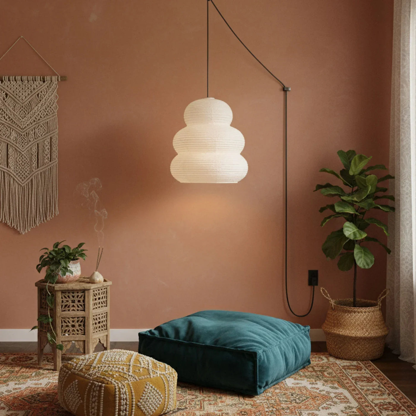 Japanese Washi Paper Pendant Light View 8 | Noguchi Akari 24N Washi Paper Swag Pendant Light | Wabi Sabi Japanese Lantern Pendant | JINSHE | JINSHE