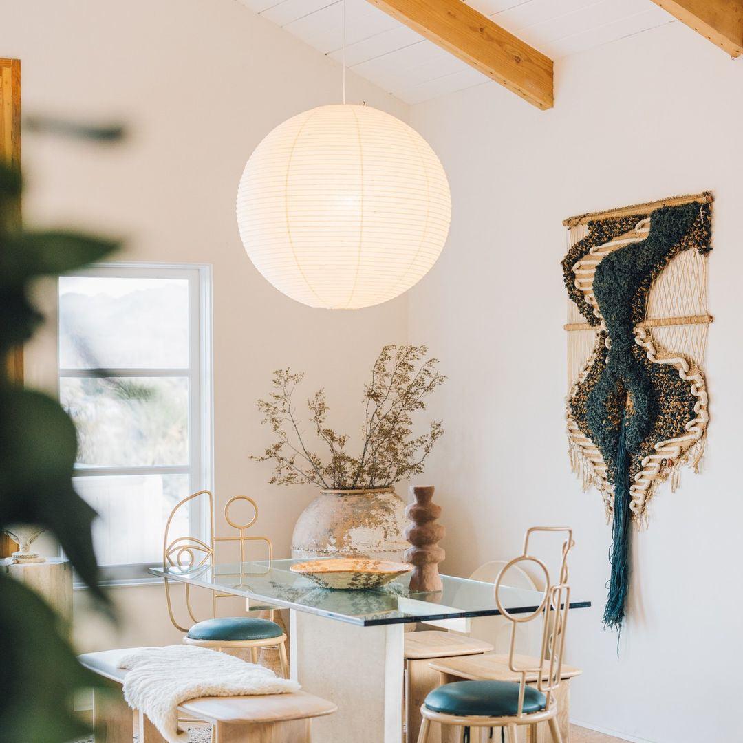 Round Washi Paper Curated Washi Paper Pendant Li installed in residential dining space