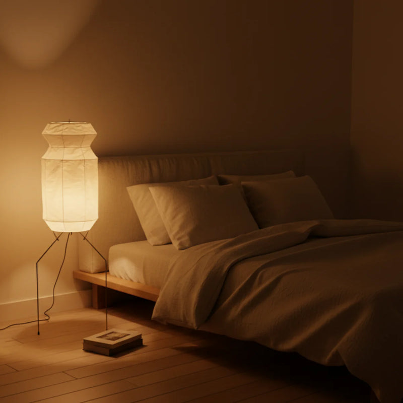 Metal Frame Floor Lamp View 5 | Washi Paper Floor Lamp | Designer Wabi-Sabi Style | Eye-Comfort Light | JINSHE | JINSHE