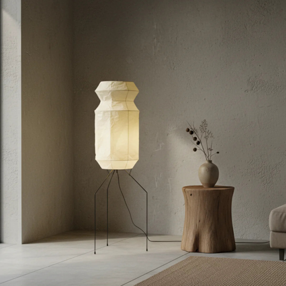Metal Frame Floor Lamp View 8 | Washi Paper Floor Lamp | Designer Wabi-Sabi Style | Eye-Comfort Light | JINSHE | JINSHE