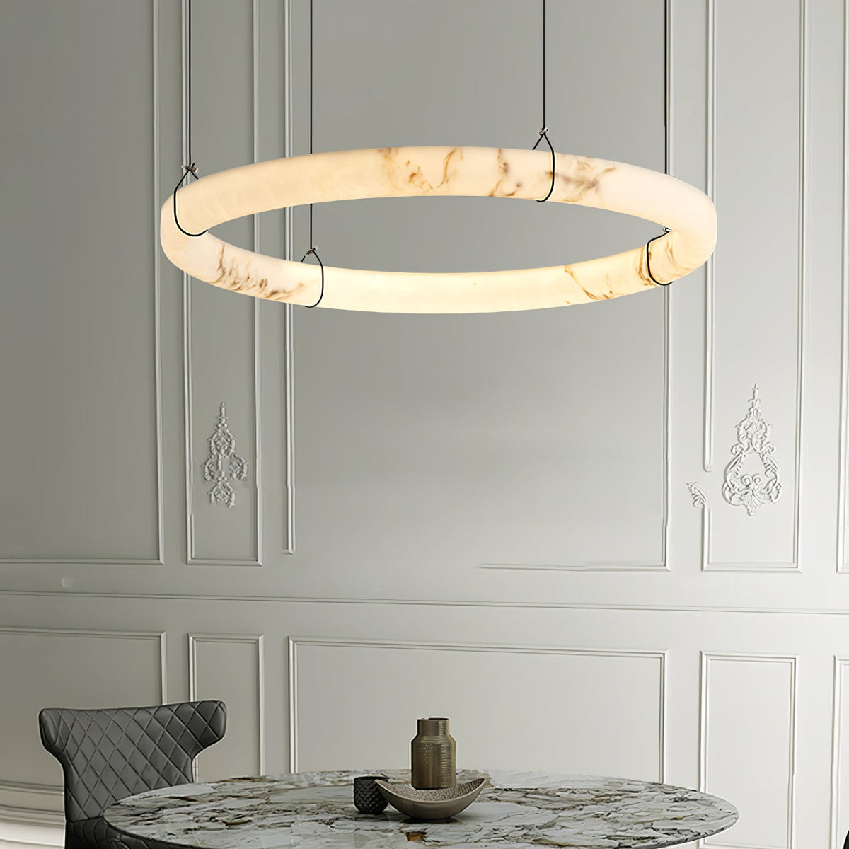 Alabaster Ring Minimalist Chandelier installed in residential dining space