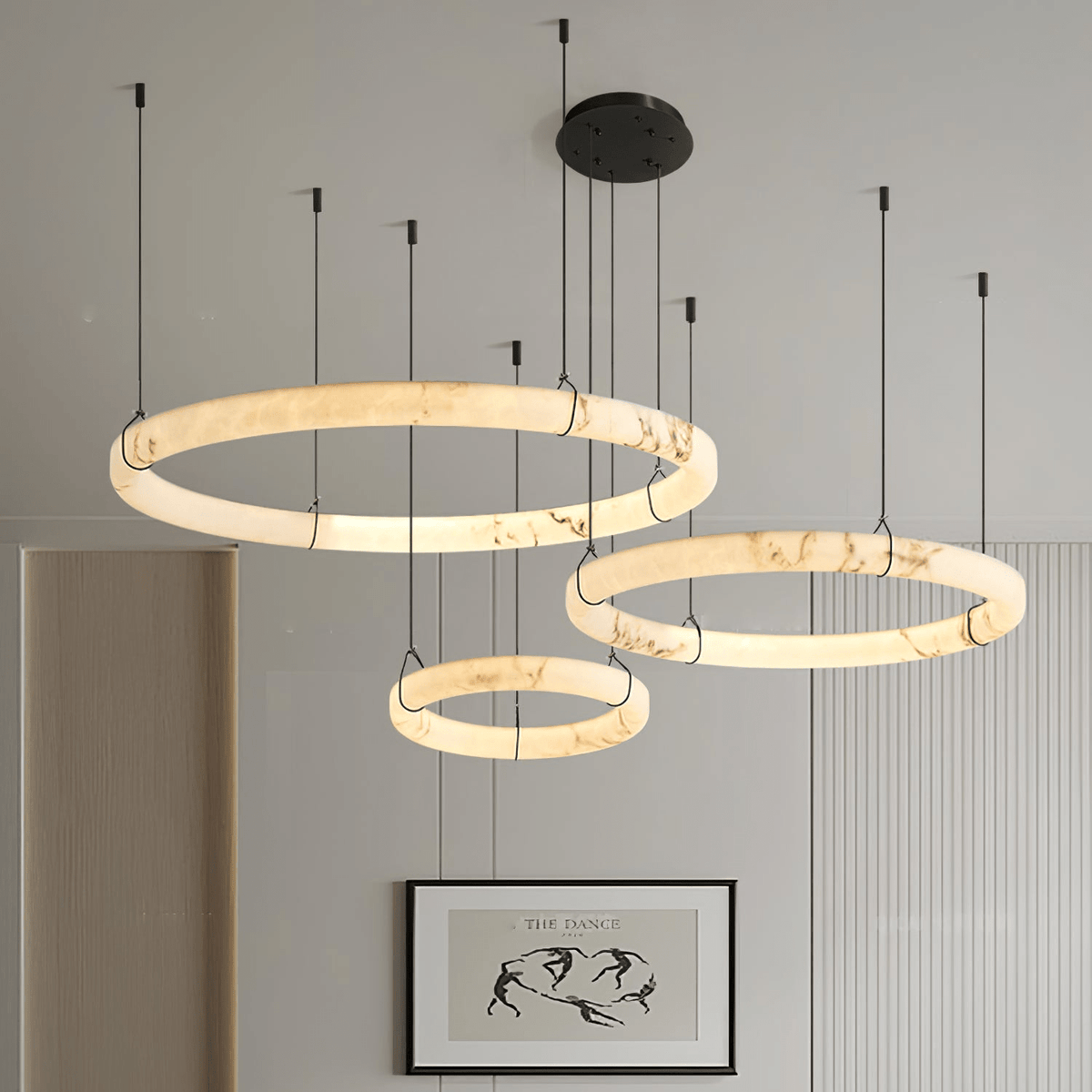 Alabaster Ring Minimalist Chandelier – illuminated warm ambiance setting #1