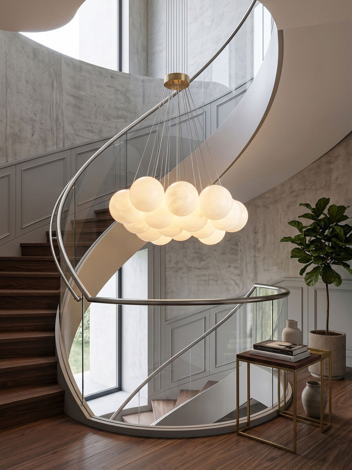 Alabaster Balls Curated Alabaster Chandelier warm illuminated room view