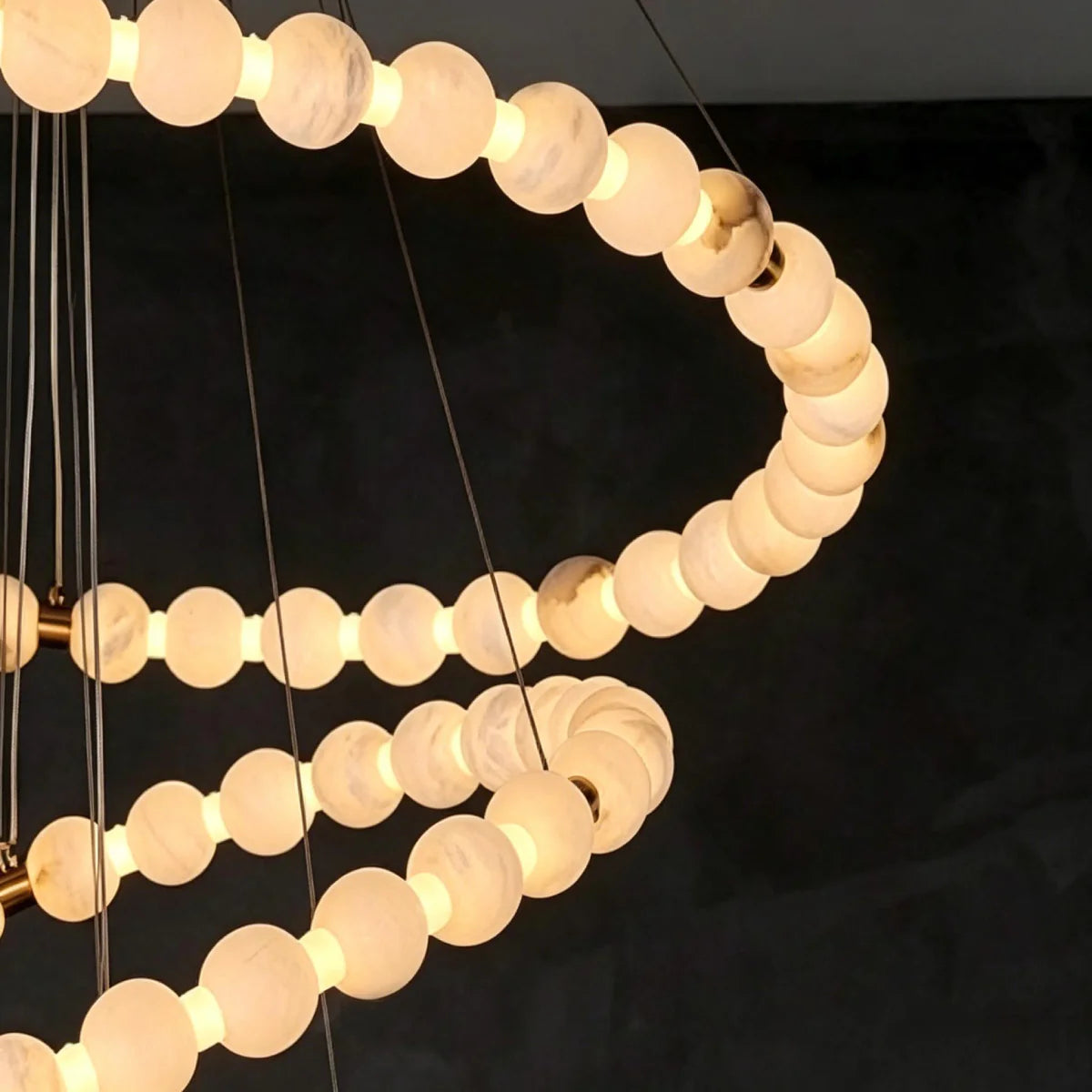 Spanish Alabaster Chandelier View 11 | Natural Spanish Alabaster Double Orb Interweaving Chandelier | Wabi Sabi Lighting | JINSHE | JINSHE